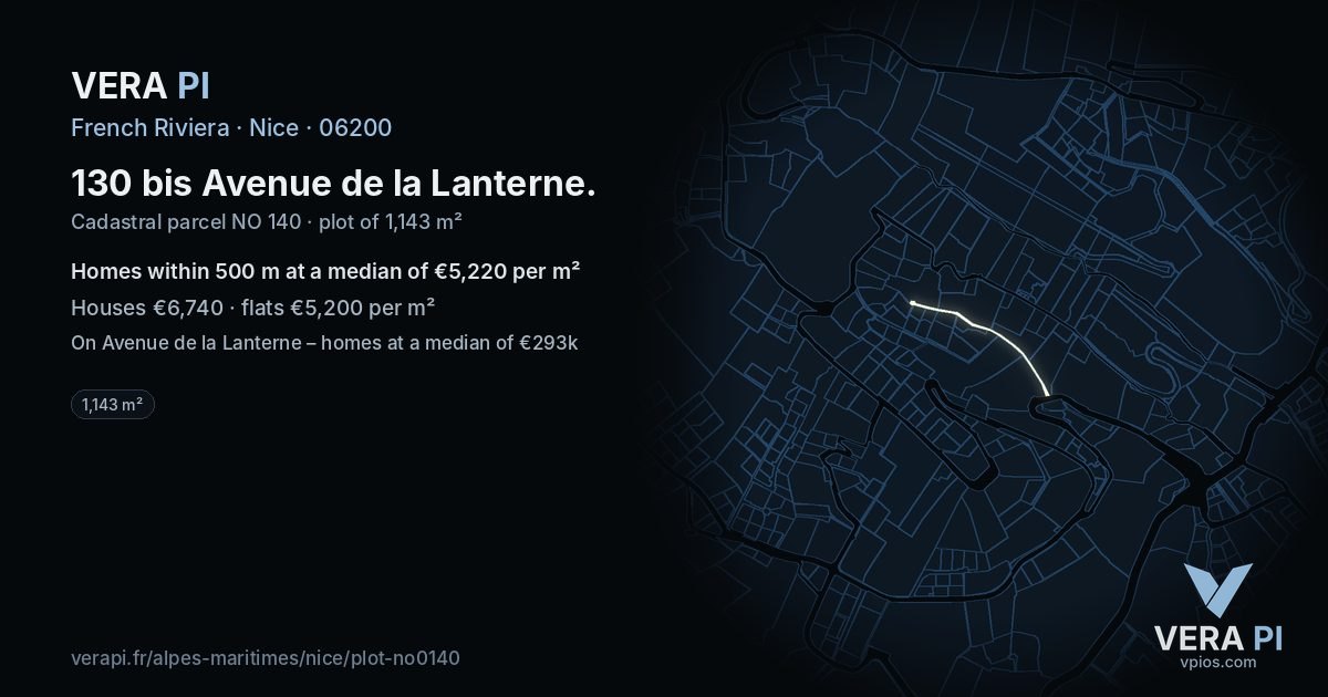 130 bis Avenue de la Lanterne, Nice at night – the plot lit, the parcels around coloured by the prices near them