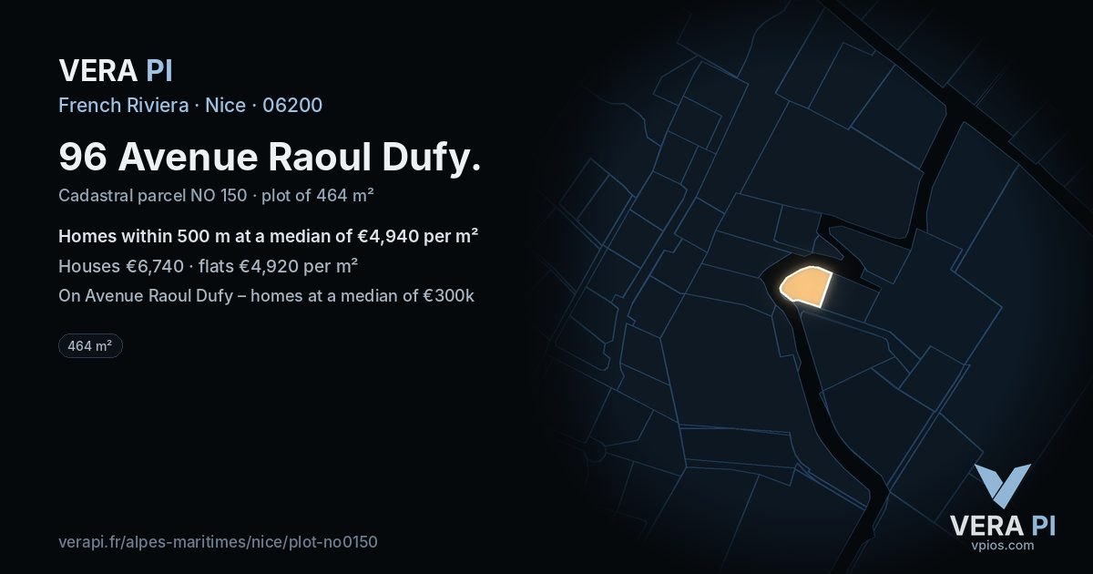 96 Avenue Raoul Dufy, Nice at night – the plot lit, the parcels around coloured by the prices near them