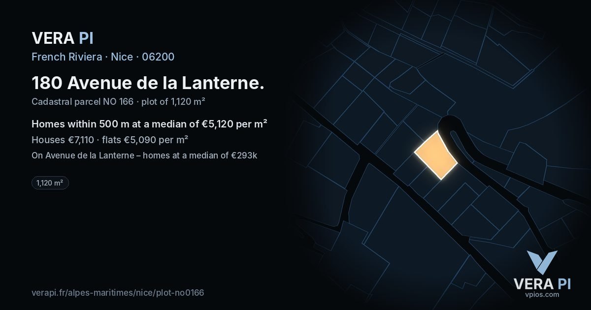 180 Avenue de la Lanterne, Nice at night – the plot lit, the parcels around coloured by the prices near them