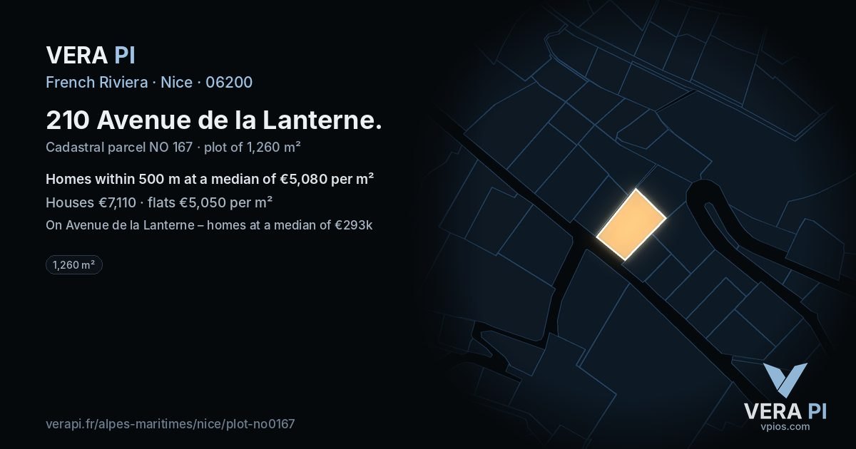 210 Avenue de la Lanterne, Nice at night – the plot lit, the parcels around coloured by the prices near them