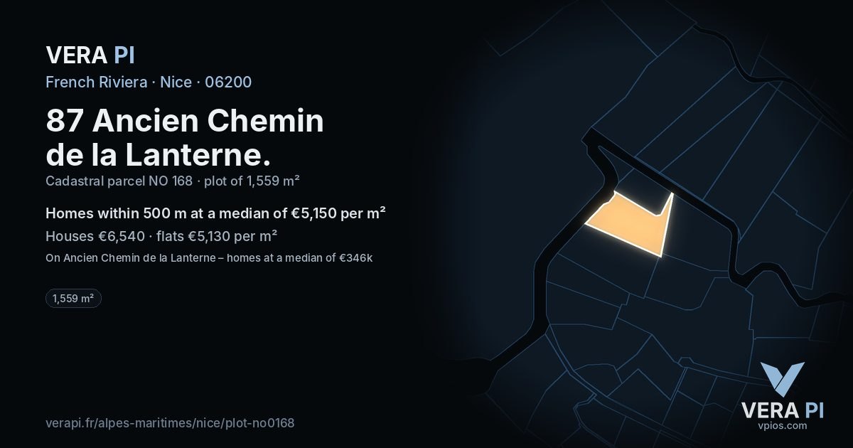 87 Ancien Chemin de la Lanterne, Nice at night – the plot lit, the parcels around coloured by the prices near them