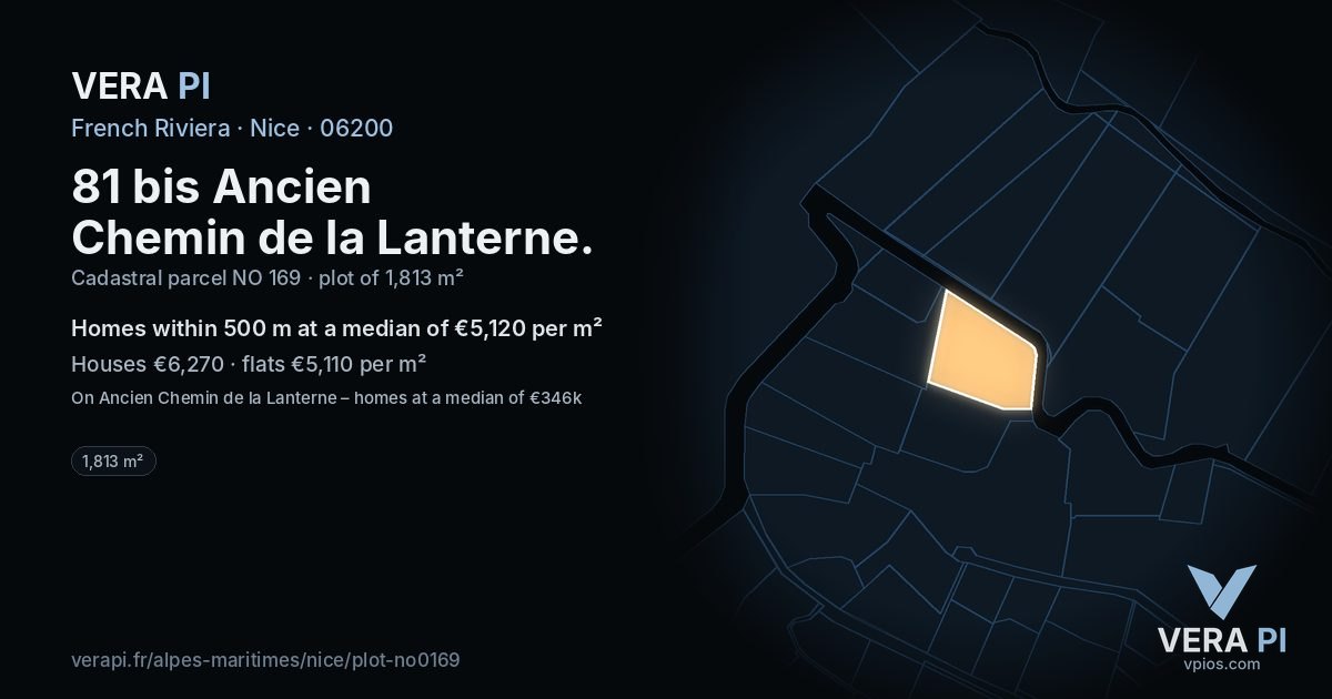 81 bis Ancien Chemin de la Lanterne, Nice at night – the plot lit, the parcels around coloured by the prices near them