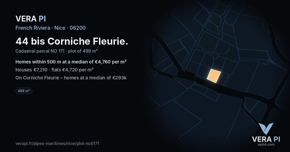 44 bis Corniche Fleurie, Nice at night – the plot lit, the parcels around coloured by the prices near them