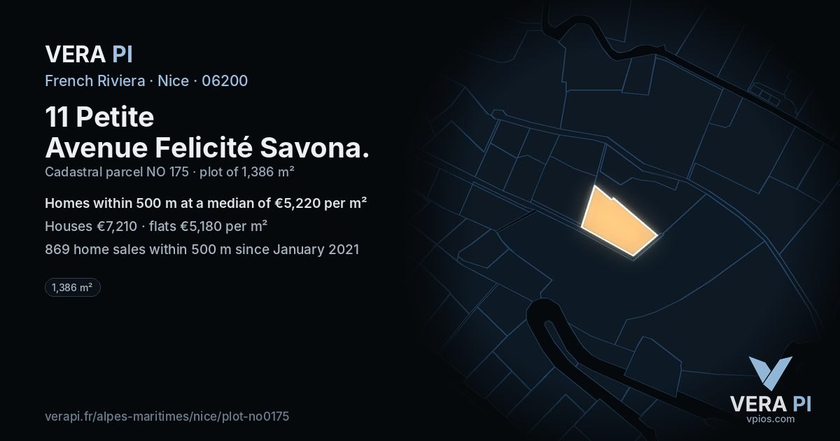 11 Petite Avenue Felicité Savona, Nice at night – the plot lit, the parcels around coloured by the prices near them