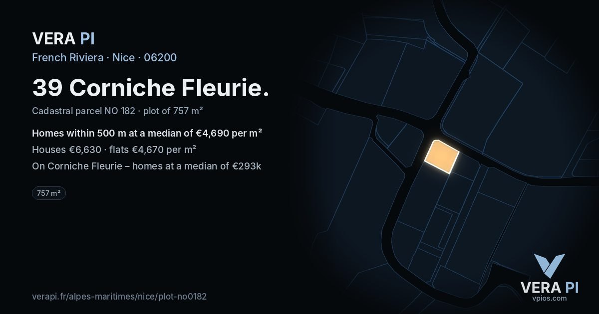 39 Corniche Fleurie, Nice at night – the plot lit, the parcels around coloured by the prices near them
