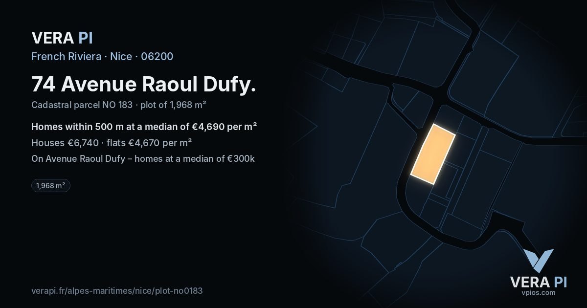 74 Avenue Raoul Dufy, Nice at night – the plot lit, the parcels around coloured by the prices near them