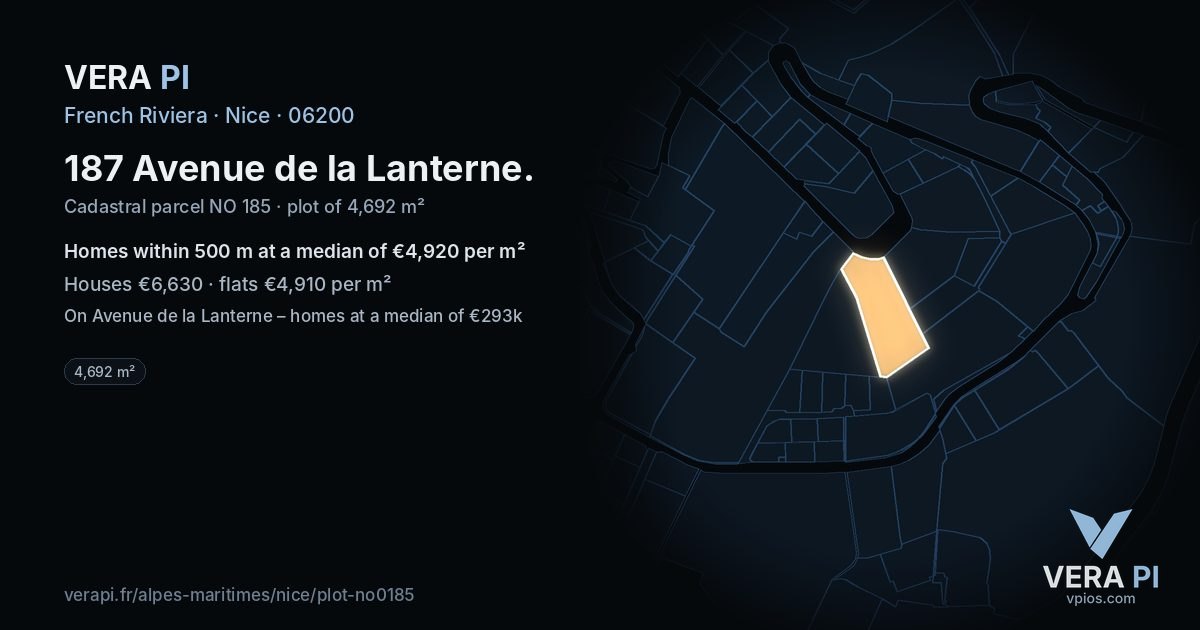 187 Avenue de la Lanterne, Nice at night – the plot lit, the parcels around coloured by the prices near them