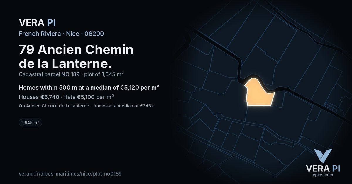 79 Ancien Chemin de la Lanterne, Nice at night – the plot lit, the parcels around coloured by the prices near them