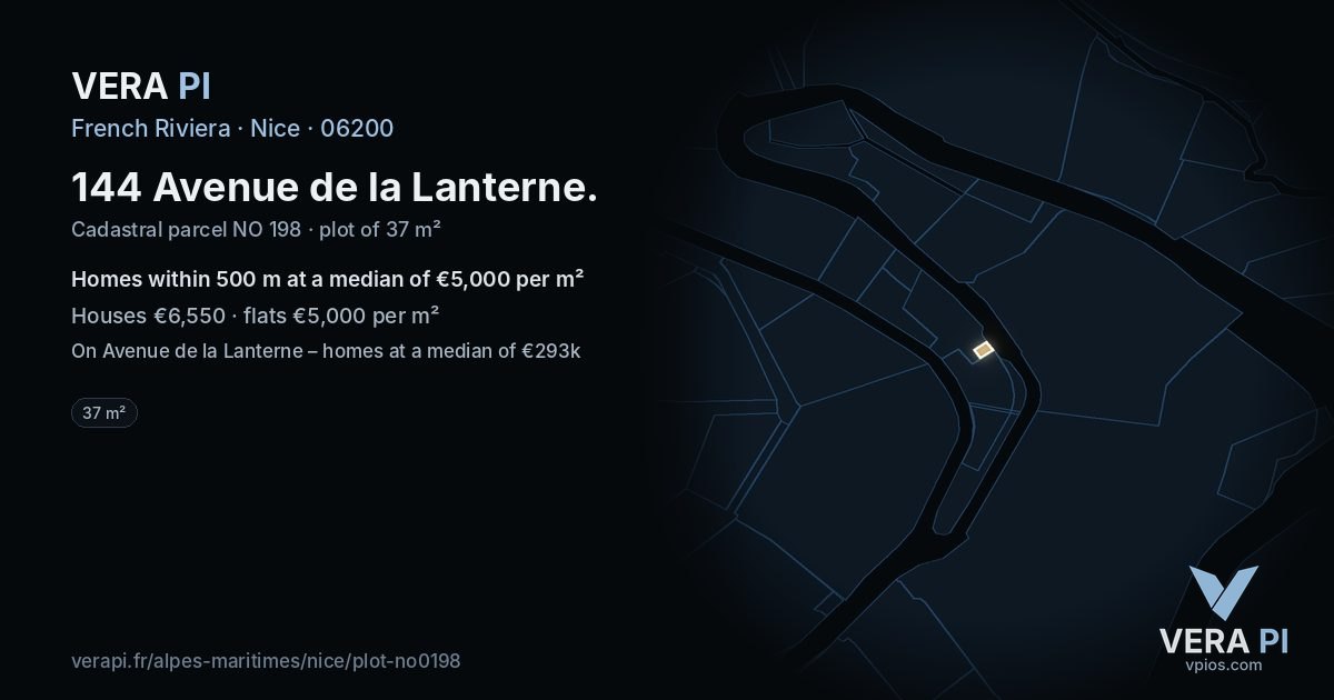 144 Avenue de la Lanterne, Nice at night – the plot lit, the parcels around coloured by the prices near them