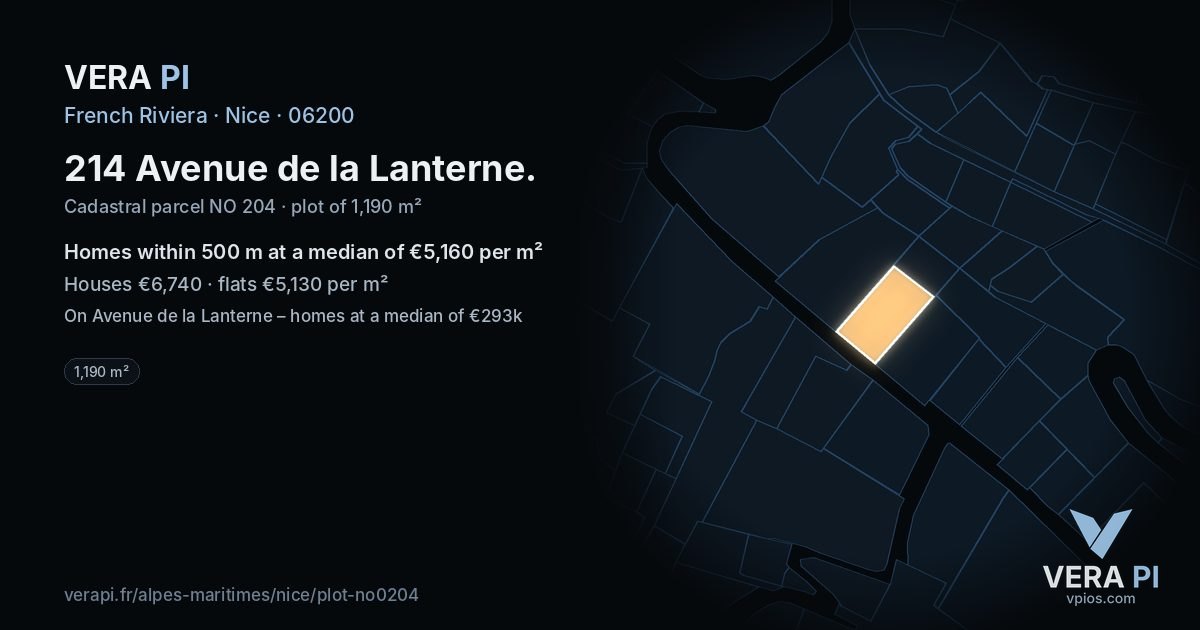 214 Avenue de la Lanterne, Nice at night – the plot lit, the parcels around coloured by the prices near them