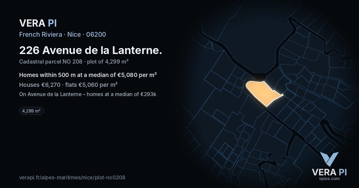 226 Avenue de la Lanterne, Nice at night – the plot lit, the parcels around coloured by the prices near them