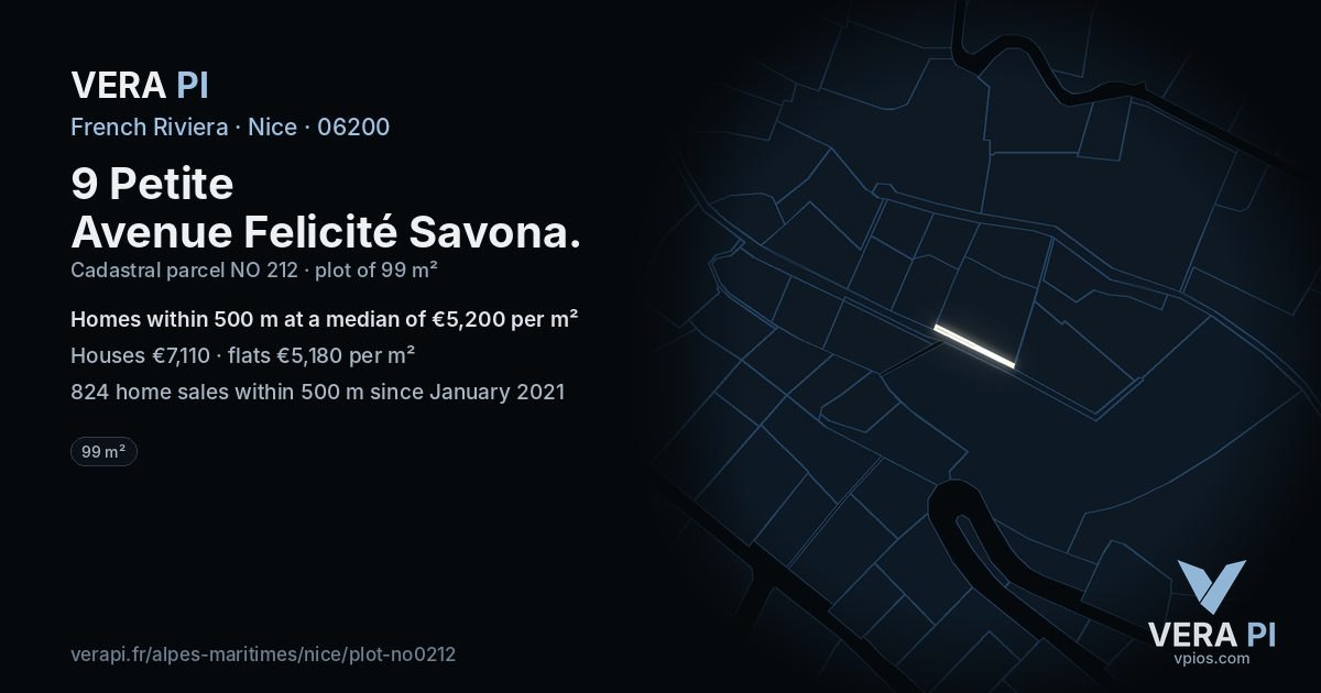 9 Petite Avenue Felicité Savona, Nice at night – the plot lit, the parcels around coloured by the prices near them
