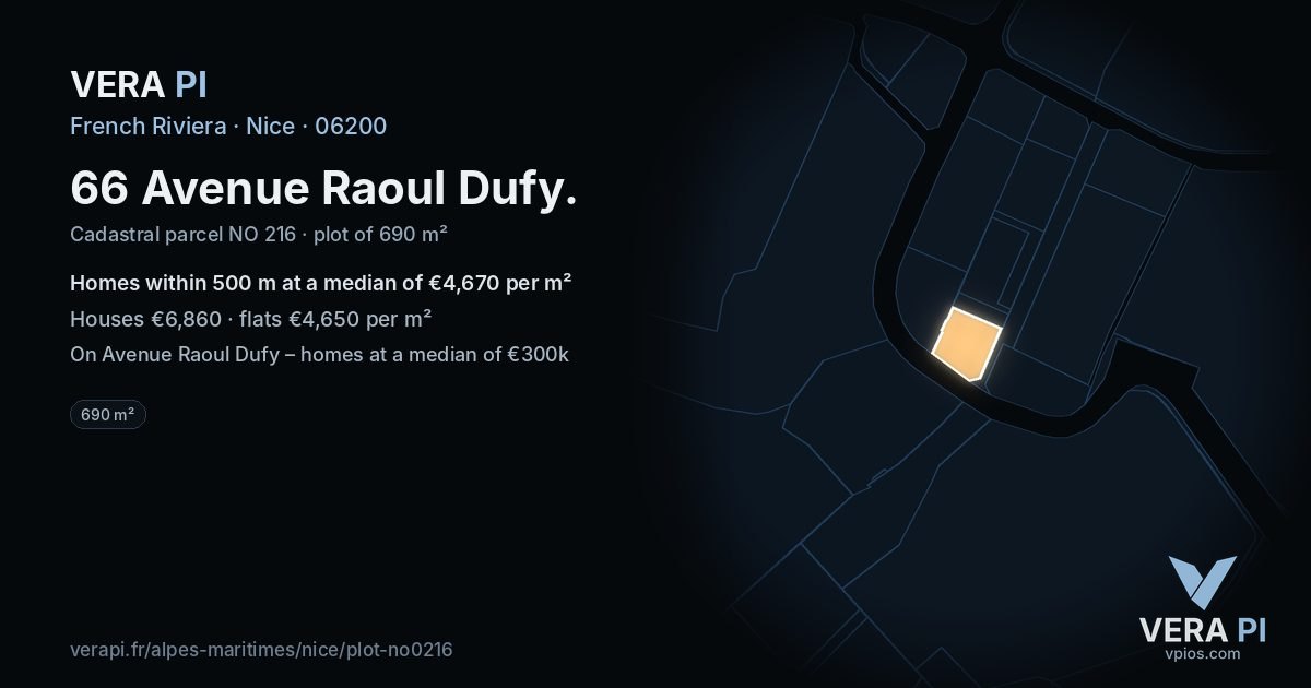 66 Avenue Raoul Dufy, Nice at night – the plot lit, the parcels around coloured by the prices near them
