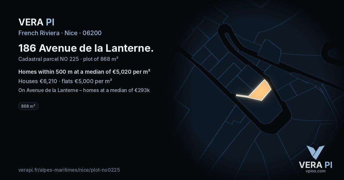186 Avenue de la Lanterne, Nice at night – the plot lit, the parcels around coloured by the prices near them