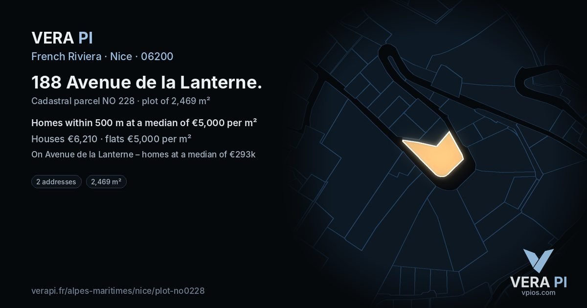 188 Avenue de la Lanterne, Nice at night – the plot lit, the parcels around coloured by the prices near them