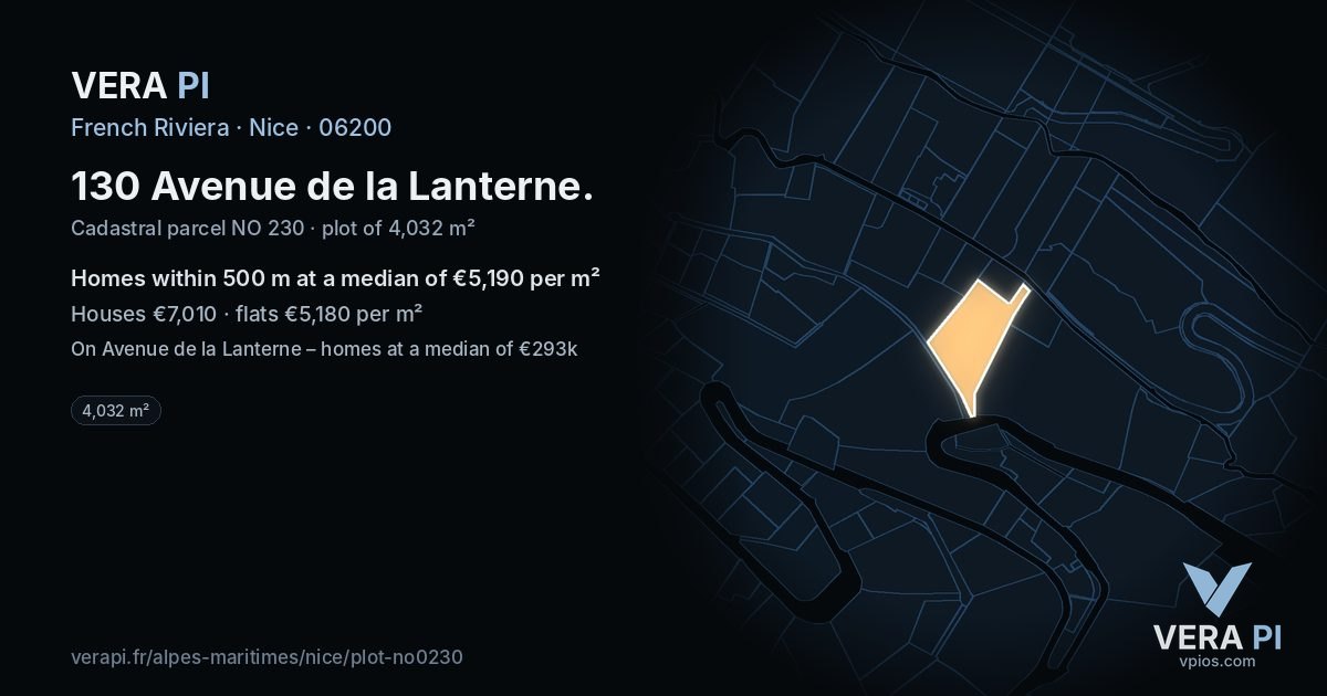 130 Avenue de la Lanterne, Nice at night – the plot lit, the parcels around coloured by the prices near them