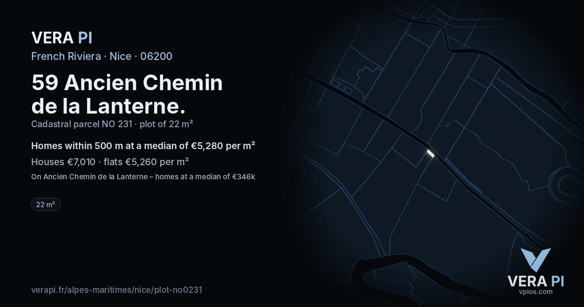 59 Ancien Chemin de la Lanterne, Nice at night – the plot lit, the parcels around coloured by the prices near them
