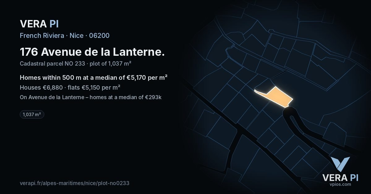 176 Avenue de la Lanterne, Nice at night – the plot lit, the parcels around coloured by the prices near them