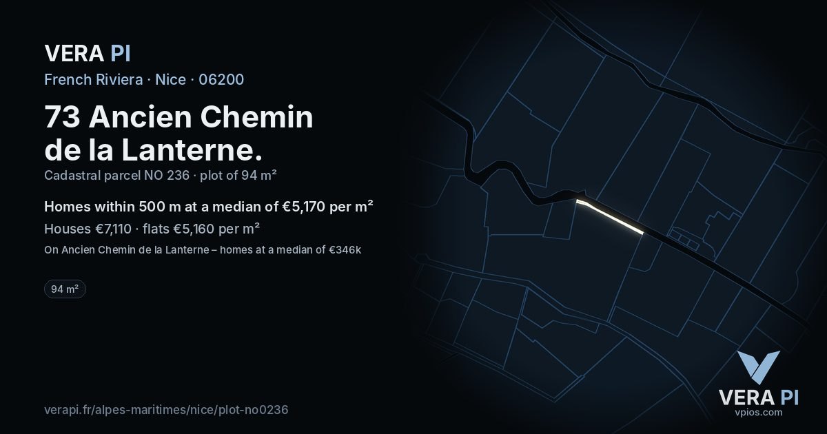 73 Ancien Chemin de la Lanterne, Nice at night – the plot lit, the parcels around coloured by the prices near them