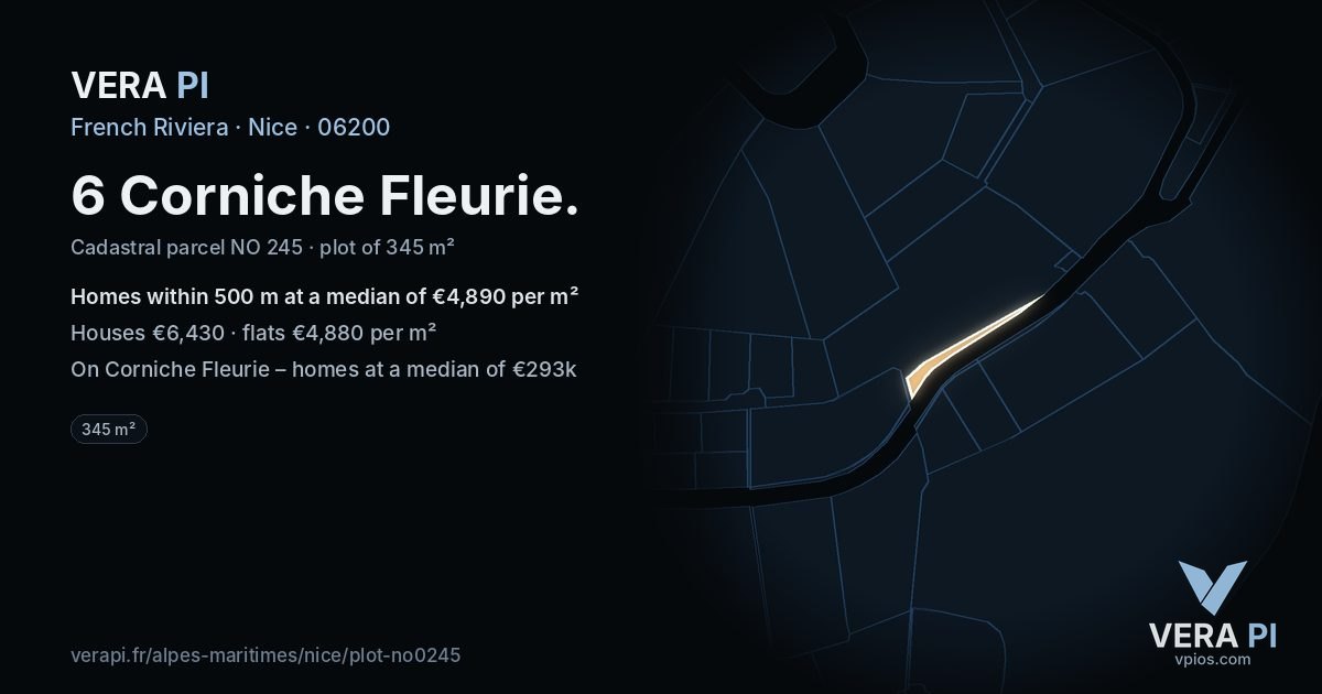 6 Corniche Fleurie, Nice at night – the plot lit, the parcels around coloured by the prices near them