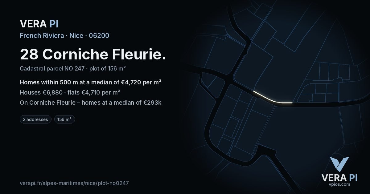 28 Corniche Fleurie, Nice at night – the plot lit, the parcels around coloured by the prices near them