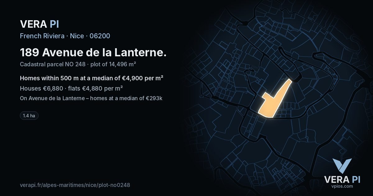 189 Avenue de la Lanterne, Nice at night – the plot lit, the parcels around coloured by the prices near them