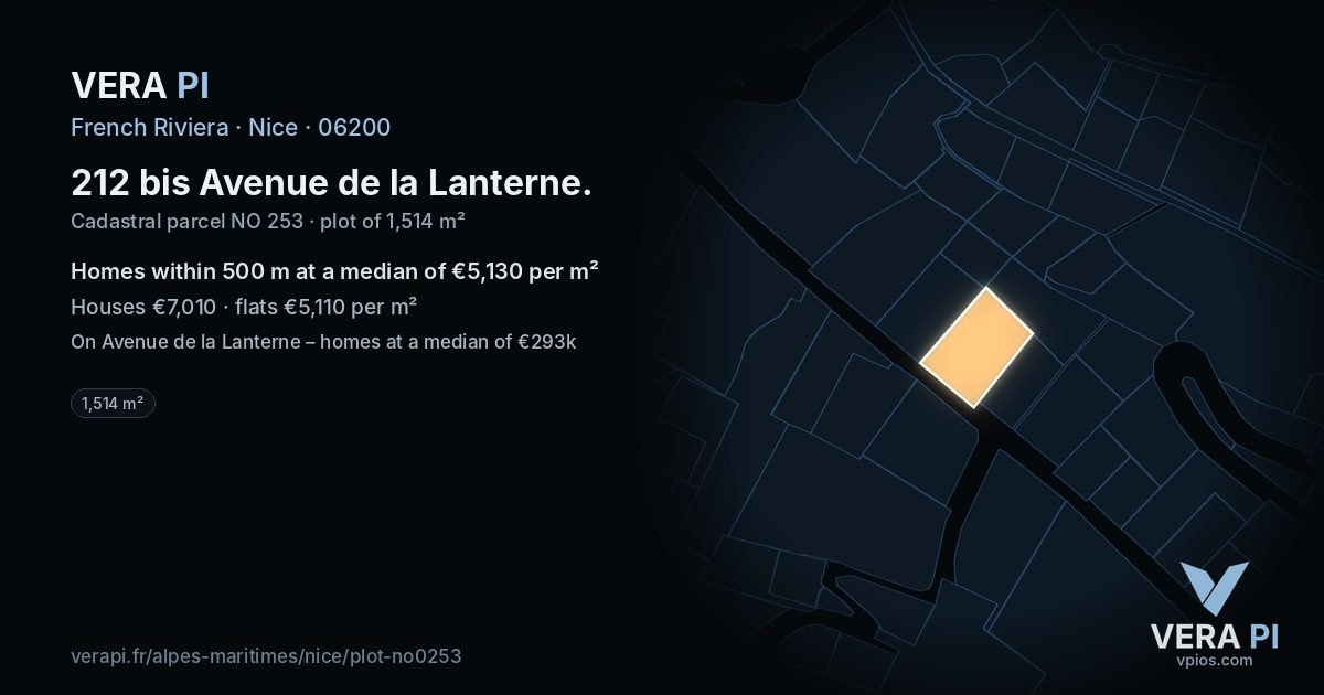 212 bis Avenue de la Lanterne, Nice at night – the plot lit, the parcels around coloured by the prices near them