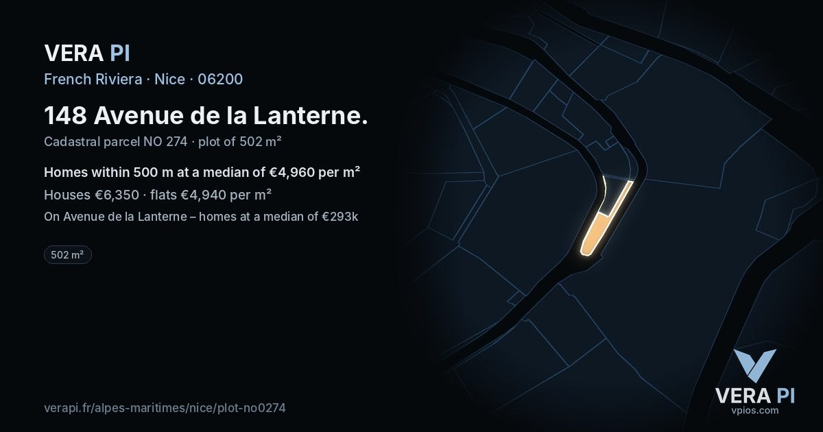 148 Avenue de la Lanterne, Nice at night – the plot lit, the parcels around coloured by the prices near them