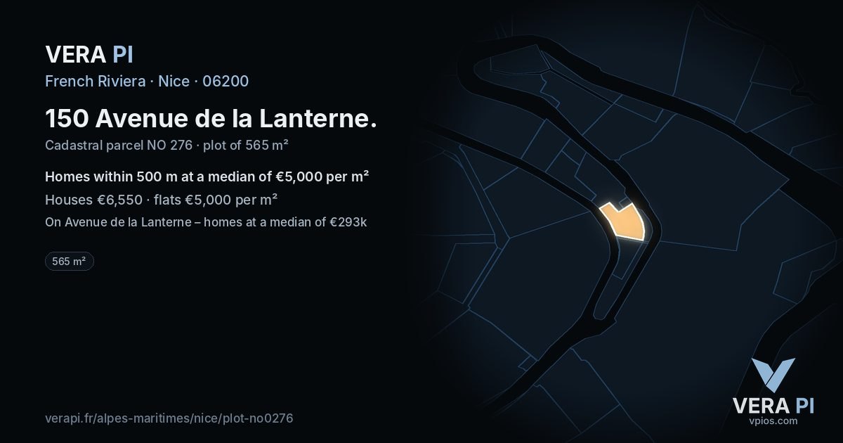 150 Avenue de la Lanterne, Nice at night – the plot lit, the parcels around coloured by the prices near them