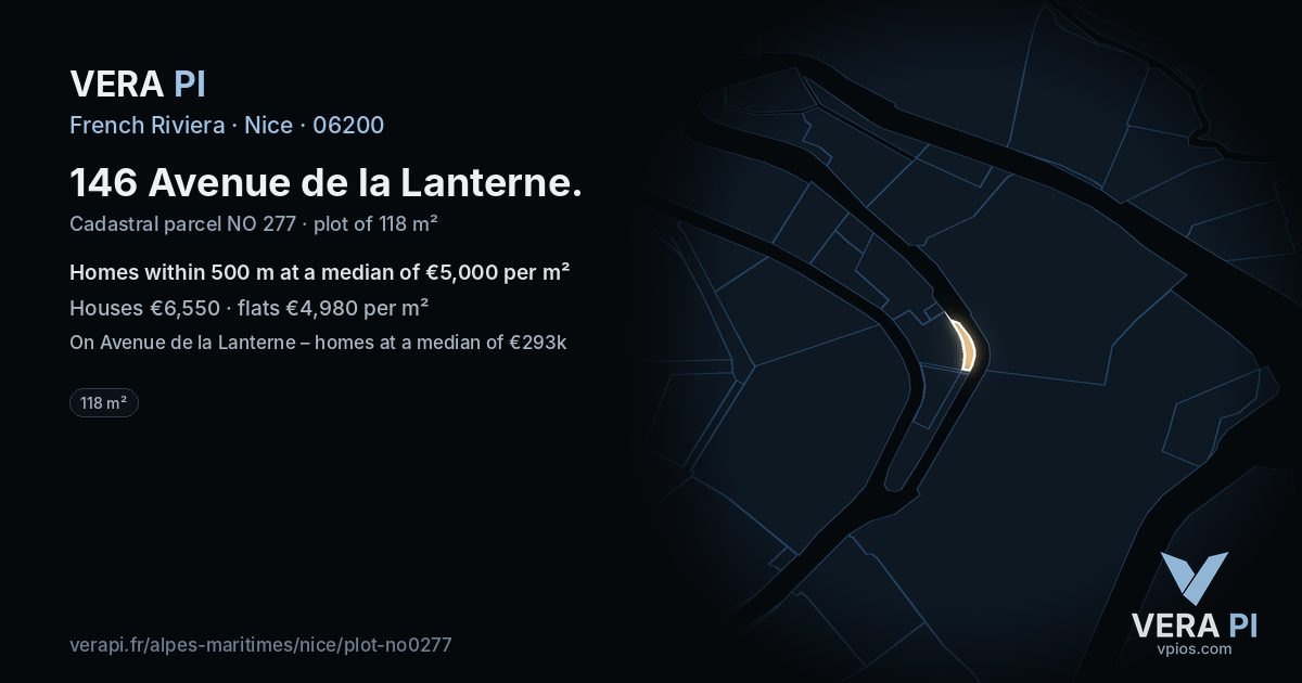 146 Avenue de la Lanterne, Nice at night – the plot lit, the parcels around coloured by the prices near them