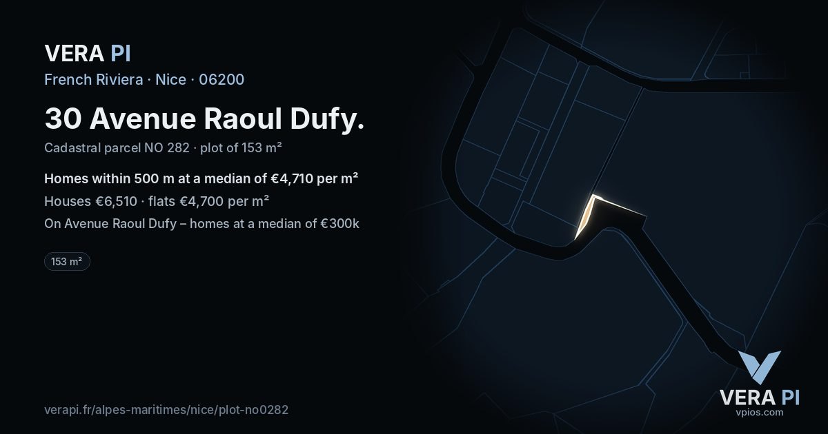 30 Avenue Raoul Dufy, Nice at night – the plot lit, the parcels around coloured by the prices near them