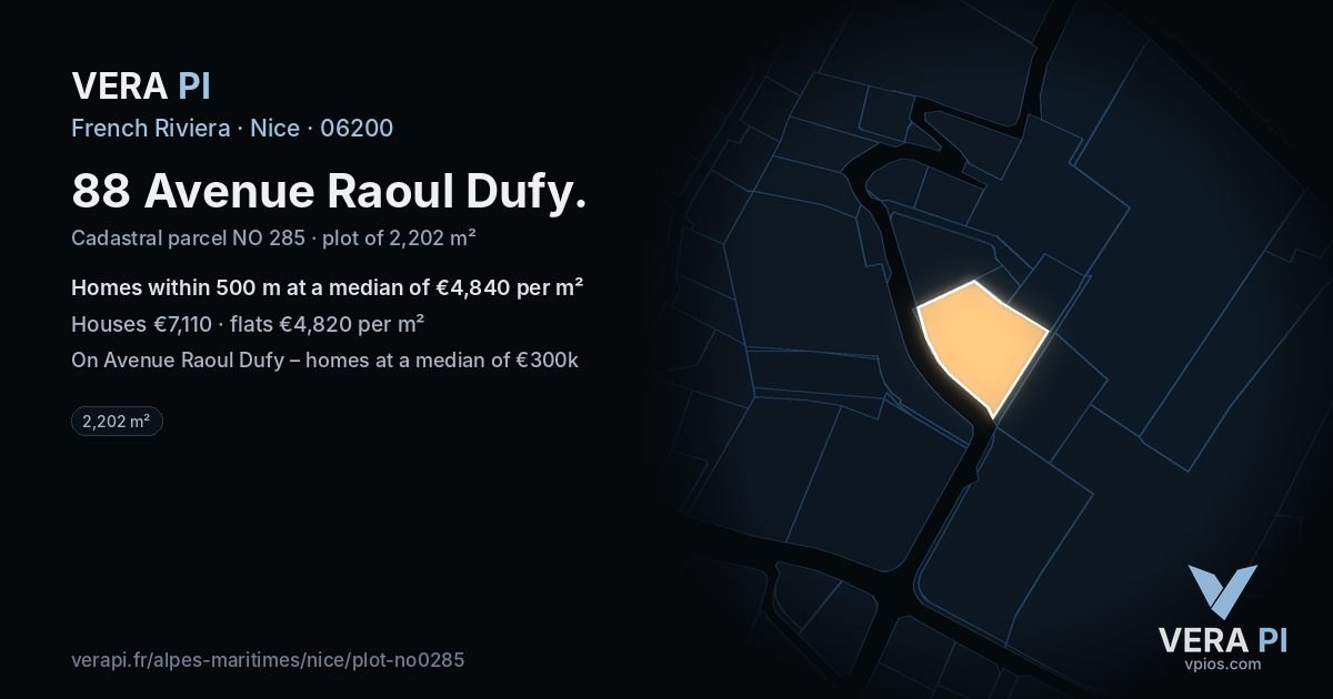 88 Avenue Raoul Dufy, Nice at night – the plot lit, the parcels around coloured by the prices near them