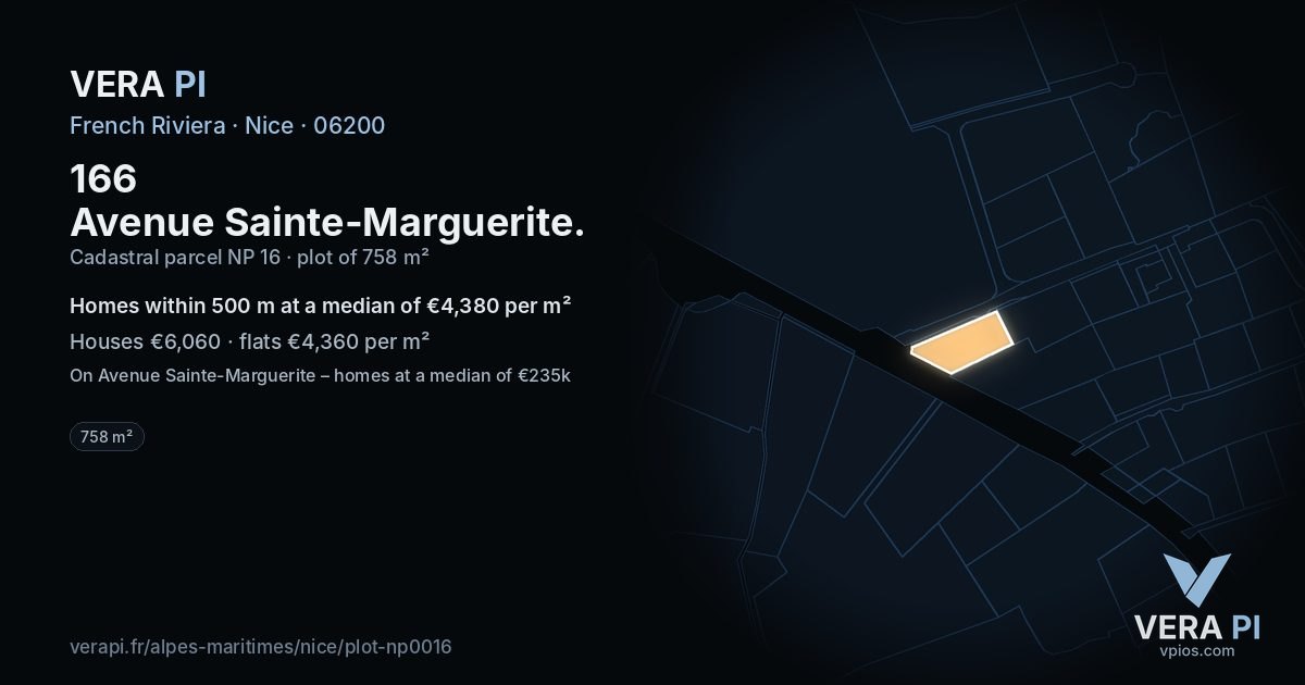 166 Avenue Sainte-Marguerite, Nice at night – the plot lit, the parcels around coloured by the prices near them