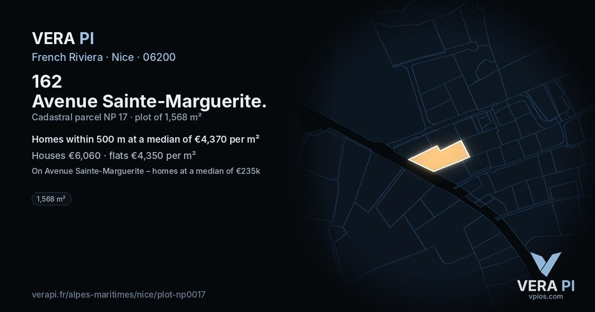 162 Avenue Sainte-Marguerite, Nice at night – the plot lit, the parcels around coloured by the prices near them