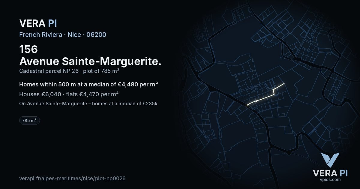 156 Avenue Sainte-Marguerite, Nice at night – the plot lit, the parcels around coloured by the prices near them