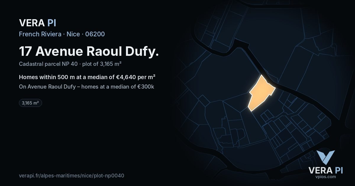 17 Avenue Raoul Dufy, Nice at night – the plot lit, the parcels around coloured by the prices near them