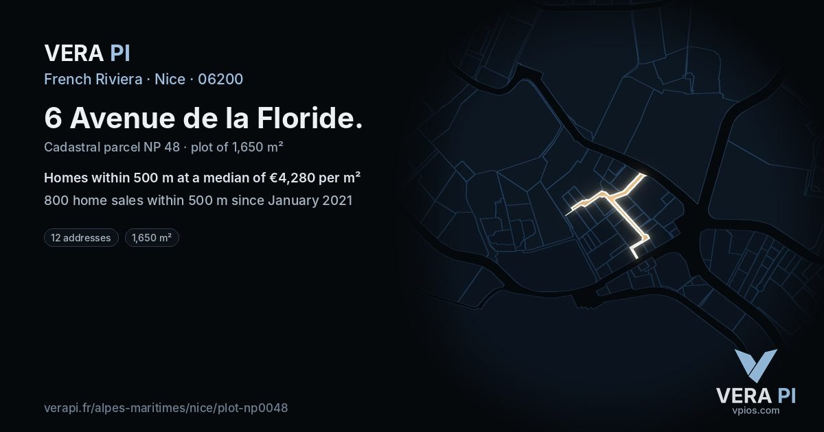 6 Avenue de la Floride, Nice at night – the plot lit, the parcels around coloured by the prices near them