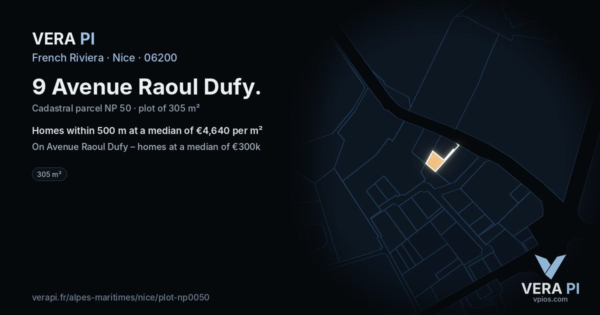 9 Avenue Raoul Dufy, Nice at night – the plot lit, the parcels around coloured by the prices near them