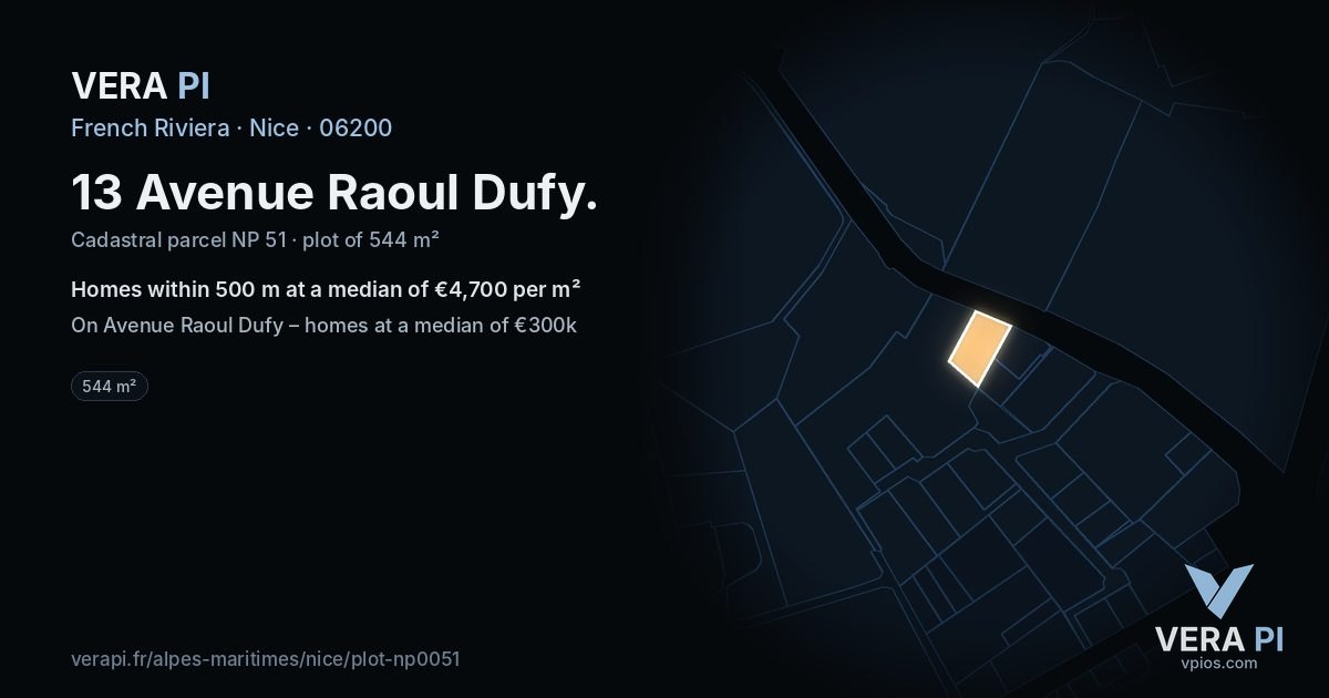 13 Avenue Raoul Dufy, Nice at night – the plot lit, the parcels around coloured by the prices near them
