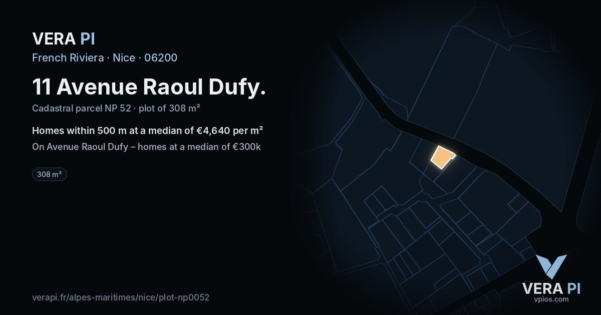 11 Avenue Raoul Dufy, Nice at night – the plot lit, the parcels around coloured by the prices near them