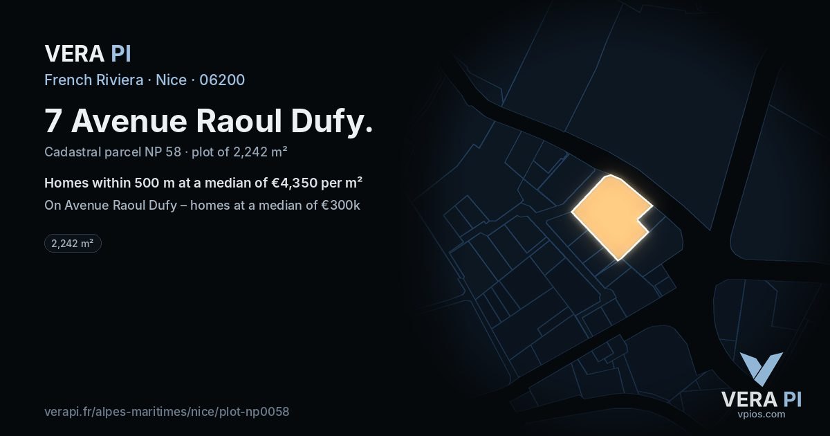 7 Avenue Raoul Dufy, Nice at night – the plot lit, the parcels around coloured by the prices near them