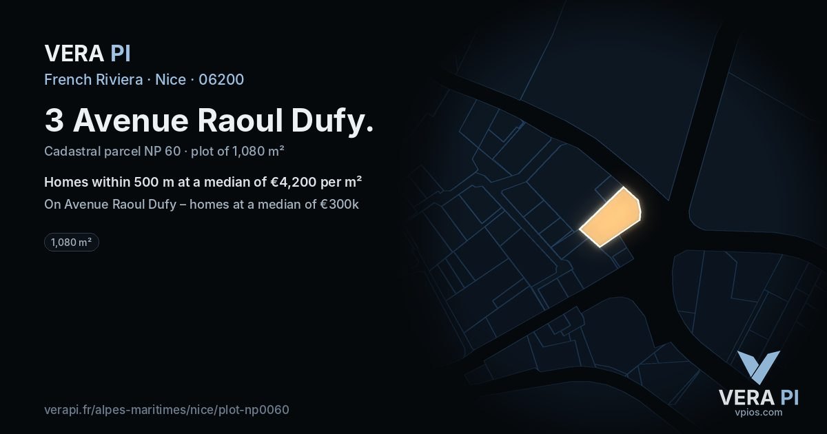 3 Avenue Raoul Dufy, Nice at night – the plot lit, the parcels around coloured by the prices near them