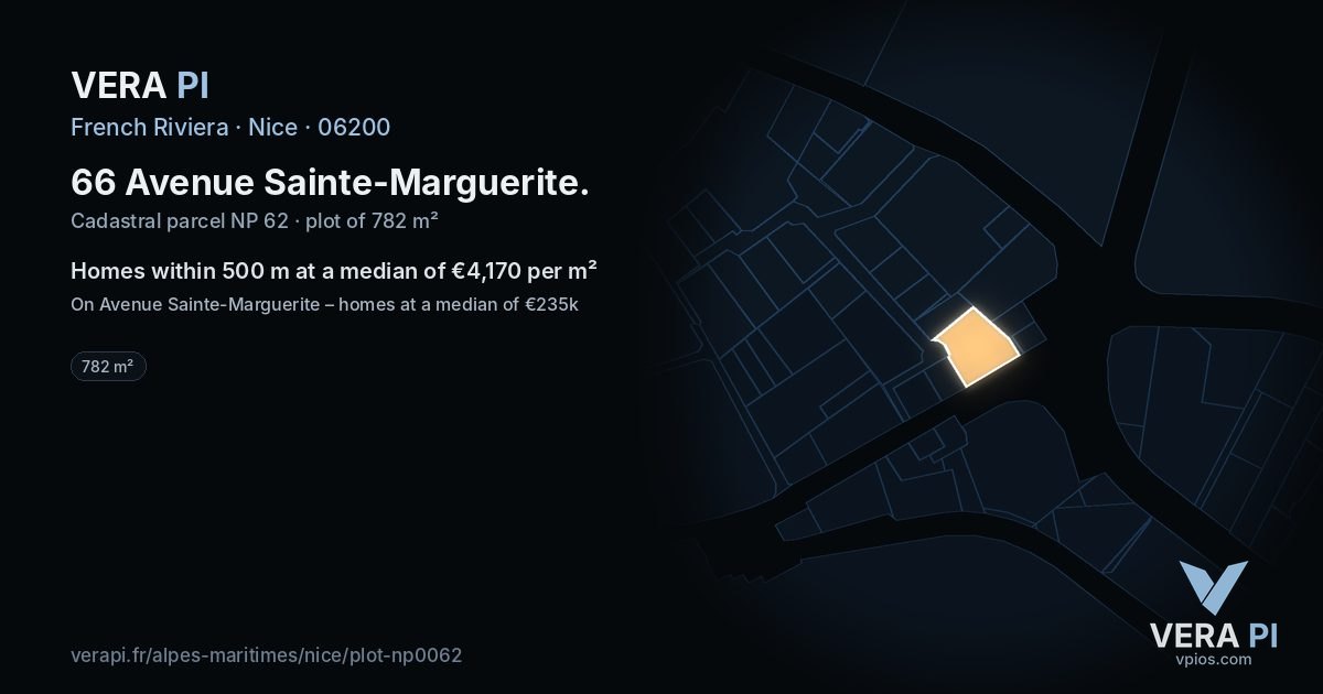 66 Avenue Sainte-Marguerite, Nice at night – the plot lit, the parcels around coloured by the prices near them