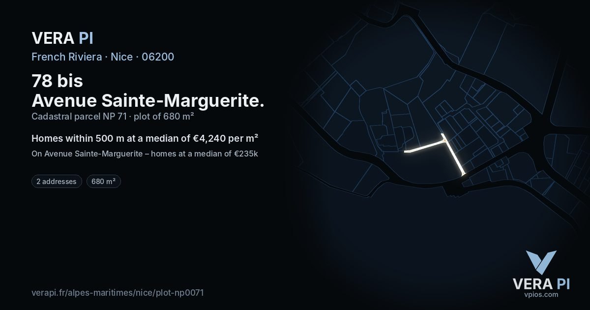 78 bis Avenue Sainte-Marguerite, Nice at night – the plot lit, the parcels around coloured by the prices near them