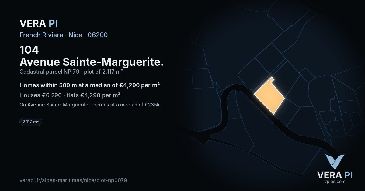 104 Avenue Sainte-Marguerite, Nice at night – the plot lit, the parcels around coloured by the prices near them