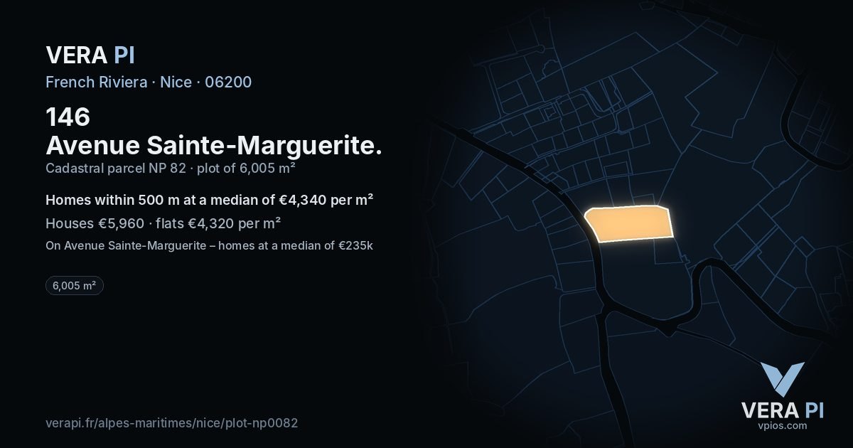 146 Avenue Sainte-Marguerite, Nice at night – the plot lit, the parcels around coloured by the prices near them
