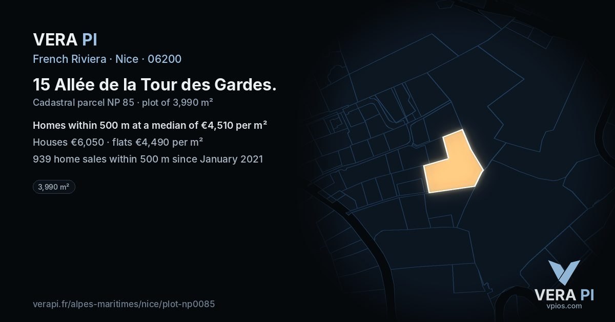 15 Allée de la Tour des Gardes, Nice at night – the plot lit, the parcels around coloured by the prices near them