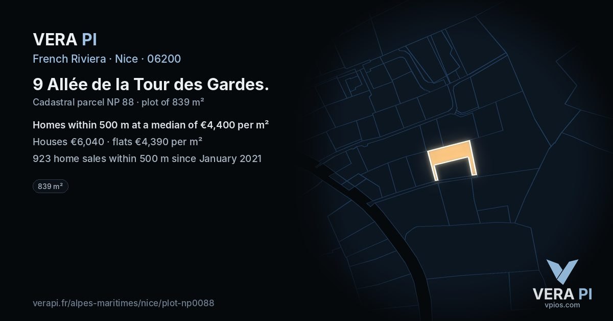 9 Allée de la Tour des Gardes, Nice at night – the plot lit, the parcels around coloured by the prices near them