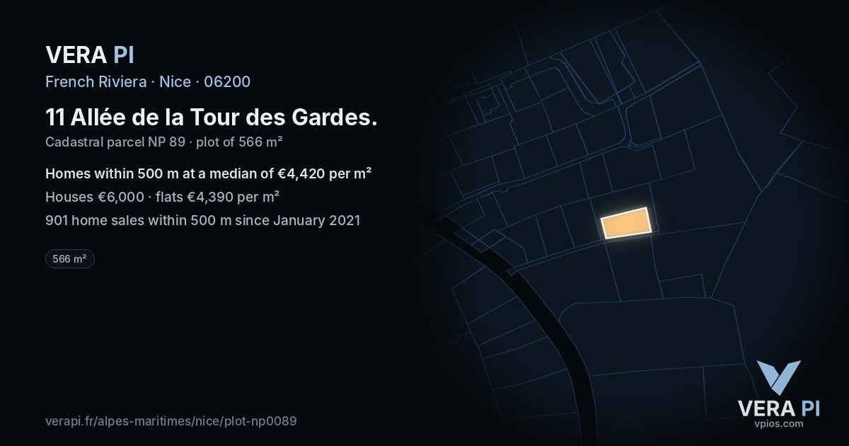 11 Allée de la Tour des Gardes, Nice at night – the plot lit, the parcels around coloured by the prices near them