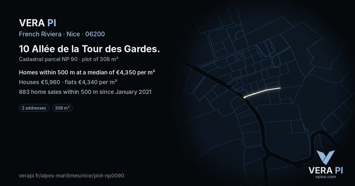 10 Allée de la Tour des Gardes, Nice at night – the plot lit, the parcels around coloured by the prices near them